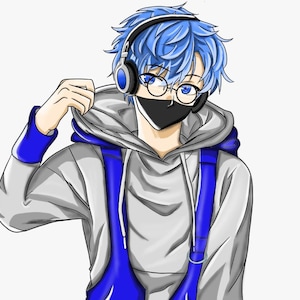 May include: Illustration of a person with blue hair, wearing glasses, a black face mask, and headphones. They are dressed in a gray hoodie with blue accents and a blue backpack.