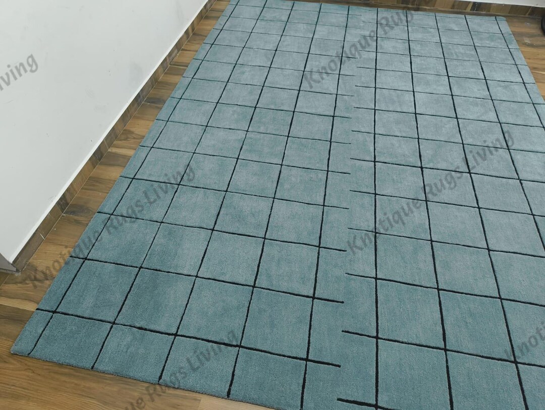 Faded Checkerboard Rug Hand Tufted Wool Rug Faded Blue Grid Pattern Area Rug Minimalist ...
