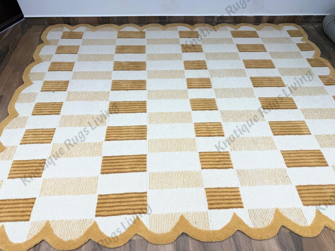 Hand Tufted Mustard Gold Checkerboard Wool Rug Scalloped Edge Area Rug ...