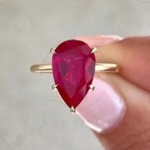 Ruby Engagement Ring, 12x8MM Ruby Teardrop Pear Solitaire Ring, Unique Pink Ruby Gemstone Ring, Diamond Hidden Halo Ring, July Birthstone
