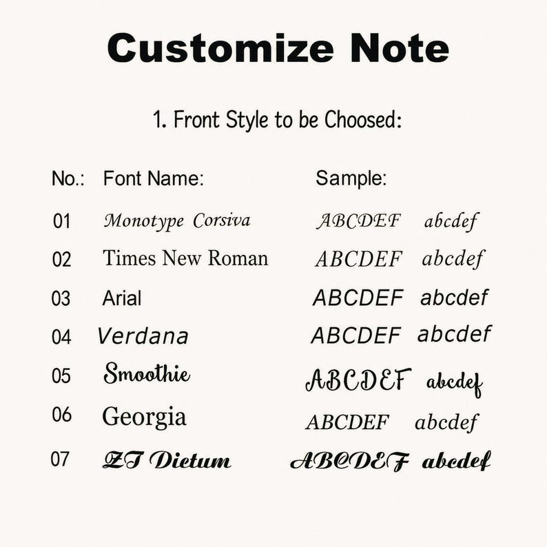 May include: A black text chart titled Customize Note and 1. Front Style to be Choosed: listing seven font options numbered 01 through 07. Each row displays the font name followed by uppercase and lowercase alphabet samples for Monotype Corsiva, Times New Roman, Arial, Verdana, Smoothie, Georgia, and ZT Dietum.