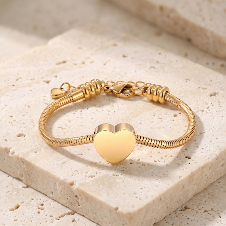 Personalized Cremation Heart Urn Bracelet For Ashes, Engraved Initial Minimalist Womens Bracelet For Her, Customized Dainty Name Bracelet Gold