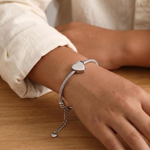 Personalized Cremation Heart Urn Bracelet For Ashes, Engraved Initial Minimalist Womens Bracelet For Her, Customized Dainty Name Bracelet image 3
