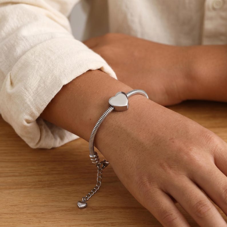 Personalized Cremation Heart Urn Bracelet For Ashes, Engraved Initial Minimalist Womens Bracelet For Her, Customized Dainty Name Bracelet image 3
