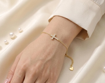 Pulsera minimalista y delicada con cruz para mujer/hombre, pulsera con cruz de oro de 14k/plata de ley, joyería conmemorativa, regalos religiosos para la abuela.