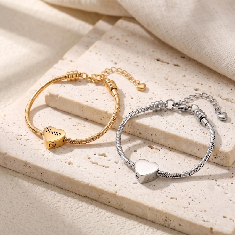 Personalized Cremation Heart Urn Bracelet For Ashes, Engraved Initial Minimalist Womens Bracelet For Her, Customized Dainty Name Bracelet image 1