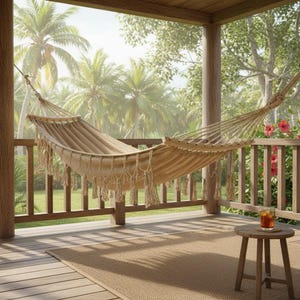 May include: A beige hammock with fringe hangs on a wooden porch. The porch has a brown rug and a small wooden side table with a drink. Palm trees and greenery are visible in the background.