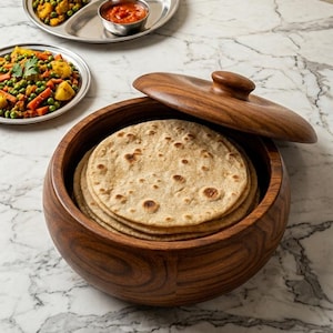 Puede incluir: Un cuenco de madera con tapa, lleno de pan plano. Un plato de metal con tres compartimentos contiene verduras y un cuenco pequeño con salsa. La comida está dispuesta sobre una superficie de mármol.