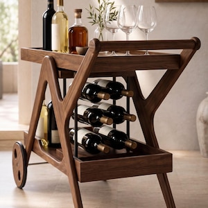 Houten wijnbarwagen, verrijdbare wijntrolley voor 6 flessen