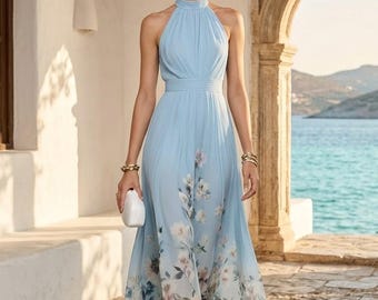 Abito lungo in chiffon azzurro con stampa floreale ad acquerello – Abito da festa in giardino senza schienale