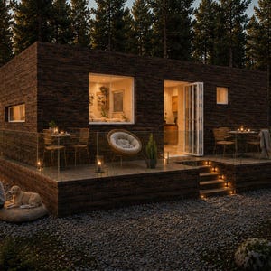 Peut inclure: Vue extérieure d'un chalet moderne avec une façade en bois, des balustrades en verre et une petite terrasse. Le chalet a de grandes fenêtres et une porte ouverte. Une personne et un chien sont près d'un feu de camp. Des guirlandes lumineuses et des bougies illuminent la scène.
