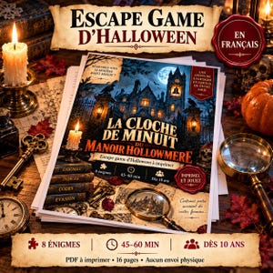 Peut inclure: Un kit de jeu d'évasion d'Halloween à imprimer intitulé La Cloche de Minuit du Manoir Hollowmere. La couverture illustre un manoir sombre sous une pleine lune, avec des détails sur 8 énigmes, une durée de 45-60 minutes et un âge dès 10 ans.