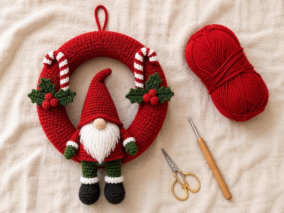 Christmas Gnome Wreath Crochet Pattern PDF, Scandinavian Tomte Door Decor, Candy Cane Wreath, Beginner Holiday Crochet Download