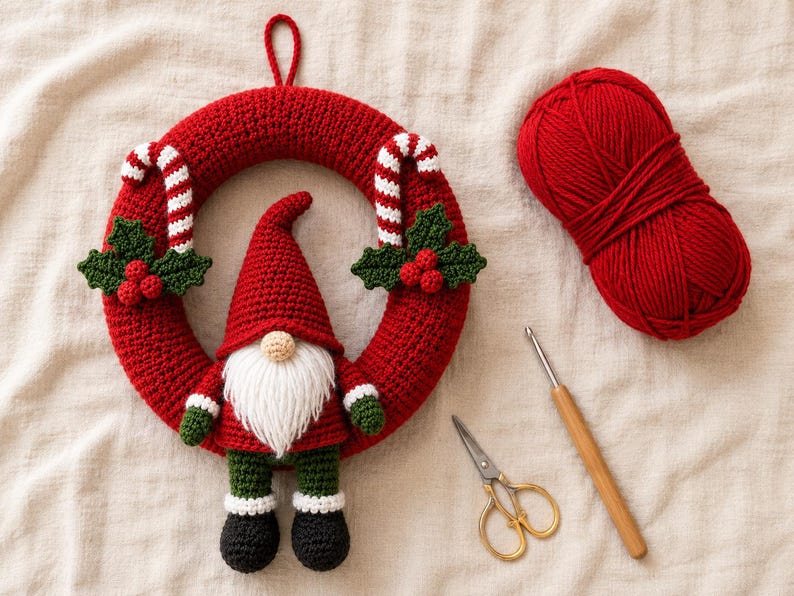 May include: A red crocheted wreath featuring a gnome with a white beard, red hat, green sleeves, and black boots. The wreath is decorated with two candy canes and holly leaves with red berries. A ball of red yarn, a crochet hook, and scissors.