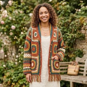 May include: A long-sleeved cardigan made of multicolored crochet granny squares in shades of rust, teal, mustard yellow, and cream. The garment features a shawl collar, a button-front closure, two front pockets, and a fringed hemline at the bottom.