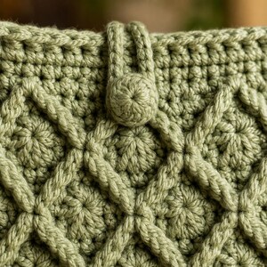 Puede incluir: Un bolso de ganchillo color verde salvia con un patr&oacute;n de rombos texturizado en toda la superficie. El bolso incluye una correa vertical central asegurada por un bot&oacute;n redondo de ganchillo a juego, creando una estructura uniforme y detallada.