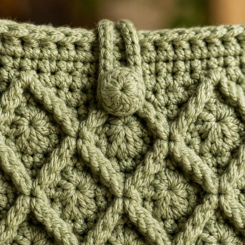 Puede incluir: Un bolso de ganchillo color verde salvia con un patr&oacute;n de rombos texturizado en toda la superficie. El bolso incluye una correa vertical central asegurada por un bot&oacute;n redondo de ganchillo a juego, creando una estructura uniforme y detallada.