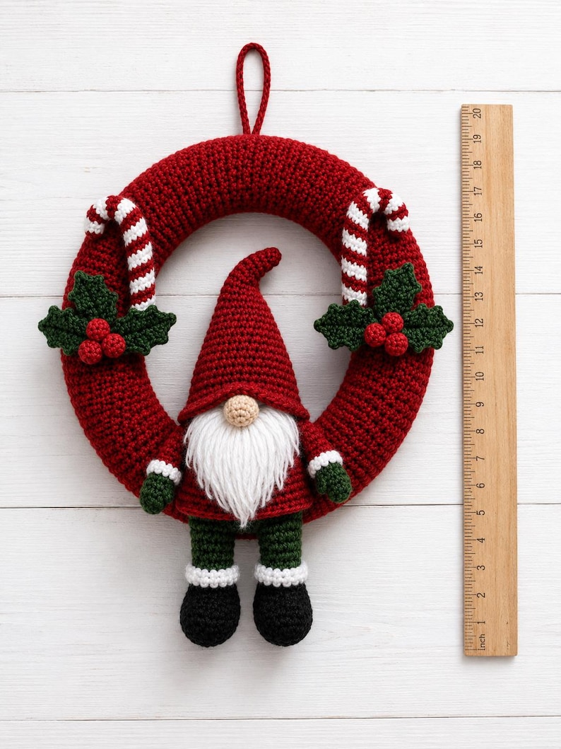 May include: A red crocheted wreath featuring a central gnome with a white beard, red hat, and green trousers. The wreath is decorated with two candy canes and holly leaves with red berries. A wooden ruler shows the wreath is 38 cm in diameter.