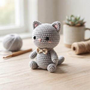 May include: A small, gray crocheted cat figurine featuring black plastic eyes, a light pink stitched nose, and pink inner ears. The cat wears a small, tan-colored bow tie around its neck and has a rounded body with short arms and legs.