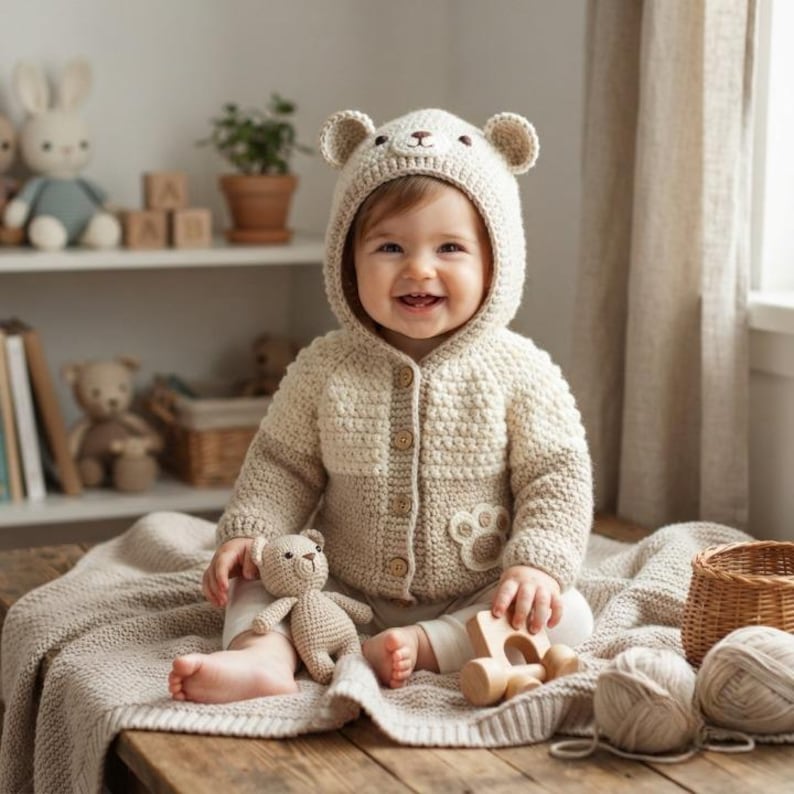 May include: A beige crochet cardigan with a hood featuring bear ears and a small bear paw patch on the lower left side. The garment has five small wooden buttons down the front and a textured knit pattern. The cardigan is worn over white pants.