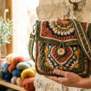 May include: A square crochet crossbody bag featuring a geometric mandala pattern in shades of olive green, mustard yellow, rust orange, navy blue, and cream. The bag has a flap closure secured by a single wooden button and a wide, matching crochet strap.