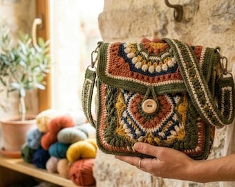 May include: A square crochet crossbody bag featuring a geometric mandala pattern in shades of olive green, mustard yellow, rust orange, navy blue, and cream. The bag has a flap closure secured by a single wooden button and a wide, matching crochet strap.