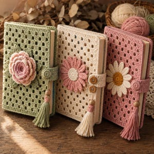 May include: Three rectangular books with handmade crochet covers in sage green, cream, and dusty rose. Each cover features a granny square pattern, a central floral applique, a buttoned strap closure, and a matching yarn tassel with a wooden bead.