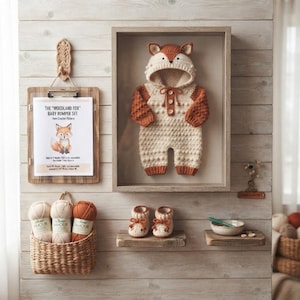 May include: A crochet baby romper set featuring a fox-themed hooded onesie in cream and rust orange, displayed in a wooden frame. Includes a matching pair of booties, three skeins of yarn in a woven basket, and a printed pattern on a clipboard.