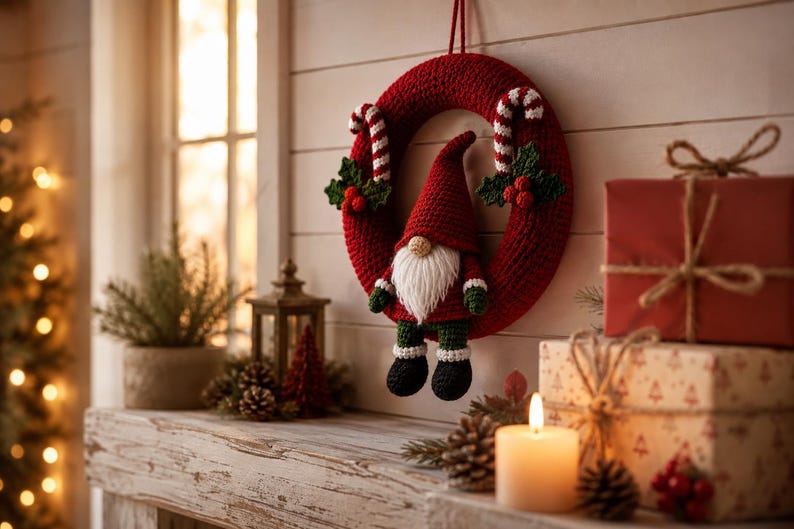 May include: A red crocheted wreath featuring a central gnome with a tall red hat, white beard, green sleeves, and black boots. The wreath is decorated with two candy canes and green holly leaves with red berries, hanging against a white wall.