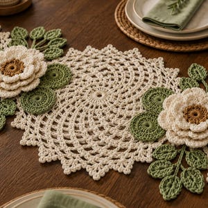 May include: A cream-colored crochet table runner featuring a central circular lace pattern flanked by two large, layered cream flowers with brown centers, surrounded by small green crocheted leaves and circular accents in a repeating floral design.