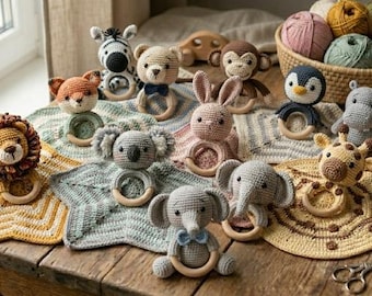 Paquete de patrones de ganchillo para amigurumi de bebé, tutorial en PDF para manta de seguridad con forma de animal, zorro y oso.