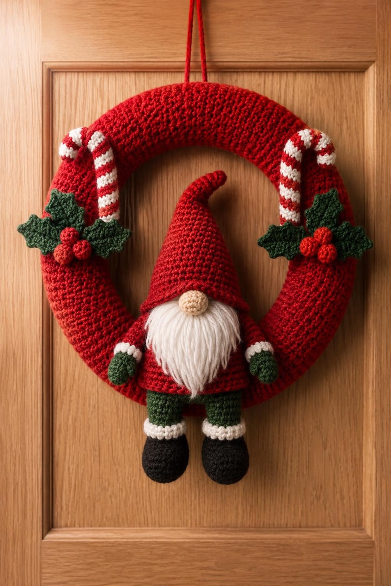 May include: A red crocheted wreath featuring two white and red striped candy canes and two green holly leaf clusters with red berries. A crocheted gnome with a red hat, white beard, red jacket, green trousers, and black boots is attached to the centre.