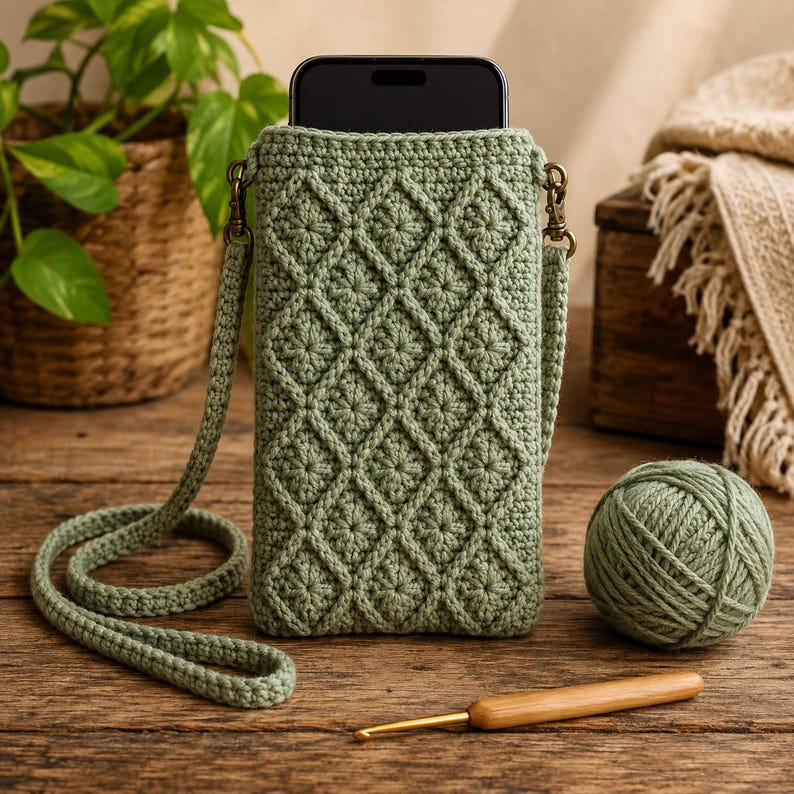 Puede incluir: Una funda de ganchillo para tel&eacute;fono en color verde salvia con un patr&oacute;n de rombos texturizado, una correa larga a juego con clips giratorios de metal, un ovillo de lana a juego y un ganchillo de madera. Un smartphone negro est&aacute; insertado.