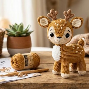 Puede incluir: Un juguete amigurumi de cervatillo tejido a ganchillo en marrón y blanco con grandes ojos negros, astas pequeñas y manchas blancas en el lomo. Junto a él hay un ovillo de lana, un ganchillo de madera y un patrón con el texto Ami the Fawn Crochet Pattern.