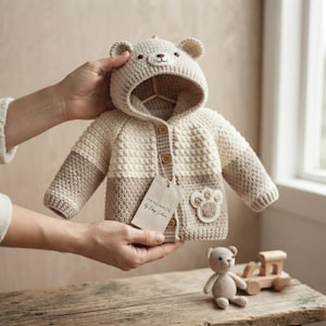 May include: A two-toned beige and cream crochet hooded cardigan featuring a bear face on the hood, three wooden buttons, and a bear paw applique on the front. A rectangular tag labeled HANDMADE by Etsy Seller is attached to the center button.