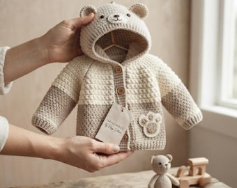 Crochet Hooded Jacket Pattern, Bear Sweater PDF, Neutral Baby Coat, Animal Ears Outerwear, Toddler Cardigan Craft, Newborn Gift Project