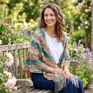 Modello di scialle all'uncinetto con frange in stile boho, tutorial per scialle estivo leggero, sciarpa in pizzo moderna in PDF, elegante accessorio all'uncinetto fatto a mano