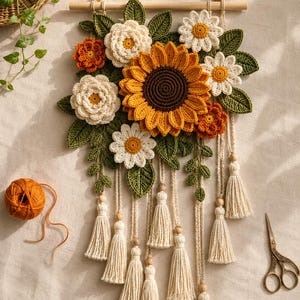 May include: A wall hanging featuring a large central crochet sunflower, surrounded by smaller white and orange crochet flowers and green leaves. The arrangement is suspended from a wooden dowel with multiple cream-colored yarn tassels.