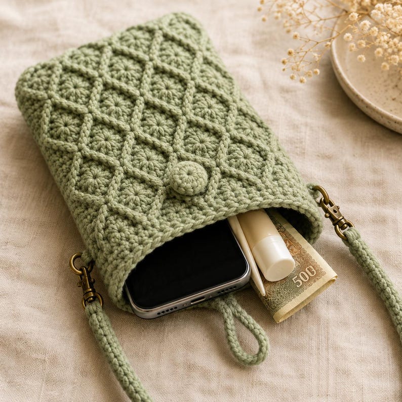 Puede incluir: Un bolso bandolera de ganchillo en color verde salvia con un patr&oacute;n de rombos texturizado y cierre de bot&oacute;n central. El bolso contiene un smartphone negro, un tubo blanco y un billete de 500 yenes. Incluye una correa de ganchillo a juego con clips de bronce.