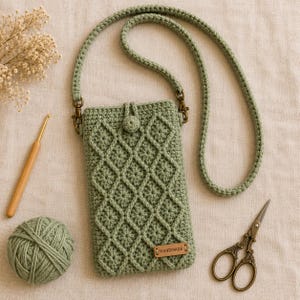 Puede incluir: Un bolso bandolera para tel&eacute;fono de ganchillo en color verde salvia con patr&oacute;n de rombos, correa larga a juego y cierre de bot&oacute;n peque&ntilde;o. Una etiqueta de cuero rectangular con la inscripci&oacute;n "HANDMADE" est&aacute; fijada en la parte frontal.