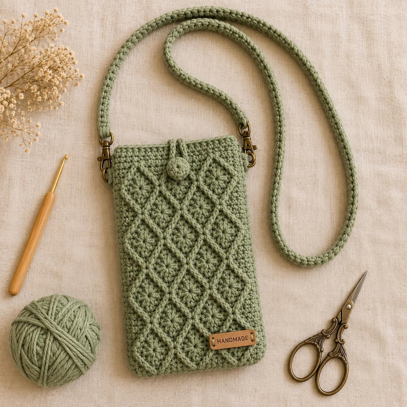 Puede incluir: Un bolso bandolera para tel&eacute;fono de ganchillo en color verde salvia con patr&oacute;n de rombos, correa larga a juego y cierre de bot&oacute;n peque&ntilde;o. Una etiqueta de cuero rectangular con la inscripci&oacute;n "HANDMADE" est&aacute; fijada en la parte frontal.