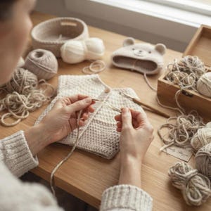 May include: A beige crocheted vest with a single button, surrounded by multiple balls of yarn in neutral tones, a small bear-eared hat, a wooden box, and a crochet hook, all arranged on a wooden surface during the crafting process.