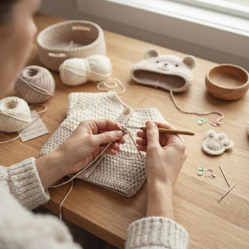 May include: A person crocheting a beige garment with a wooden hook. The workspace includes beige yarn balls, a woven basket, a bear-shaped hat, a small wooden bowl, a paw-shaped crochet piece, stitch markers, and needles on a wooden surface.
