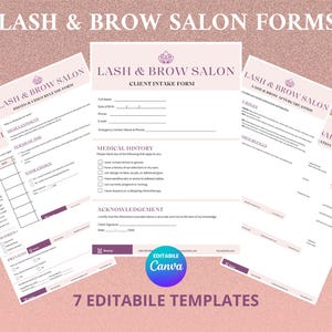 May include: A collection of seven editable templates for a Lash & Brow Salon, including forms for client intake, photo and video release, and aftercare. The forms are white with a pink and purple color scheme, and the text "Lash & Brow Salon" is prominently displayed.