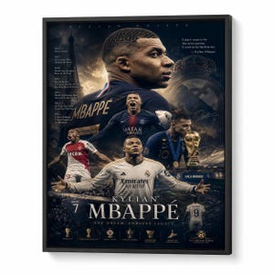 May include: A framed poster featuring multiple images of Kylian Mbappé in various football kits, including Real Madrid and France. The design includes the text Kylian Mbappé, a timeline of career achievements, a quote, and several trophy icons.