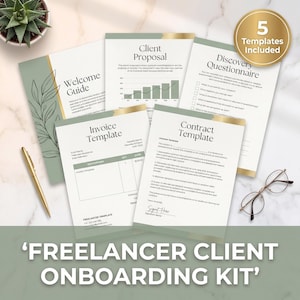 以下が含まれることがあります： ウェルカムガイド、クライアント提案、ディスカバリーアンケート、請求書テンプレート、契約テンプレートなど、5つのテンプレートを含むフリーランスクライアントオンボーディングキット。 キットは、テキスト「Freelancer Client Onboarding Kit」を備えた、ゴールドとグリーンの配色です。