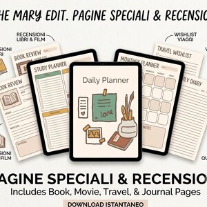 Può includere: Un set di planner digitali intitolato THE MARY EDIT. PAGINE SPECIALI & RECENSIONI che include vari modelli come Daily Planner, Study Planner, Monthly Planner, Book Review, Travel Wishlist e Daily Diary con icone illustrate.