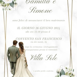 Può includere: Invito di nozze con i nomi "Camilla e Simone" in corsivo. L'invito include i dettagli della cerimonia il 26 giugno 2024 alle 15:30 e il ricevimento a Villa Sole. Con elementi floreali e l'illustrazione di una coppia.