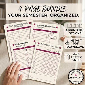 Può includere: Un set di 4 pagine di pianificatori di studio stampabili che include un programma d'esame, un tracker per i compiti, un tracker dei progressi e un tracker delle abitudini. I documenti presentano testo e stelle color bordeaux su carta crema.