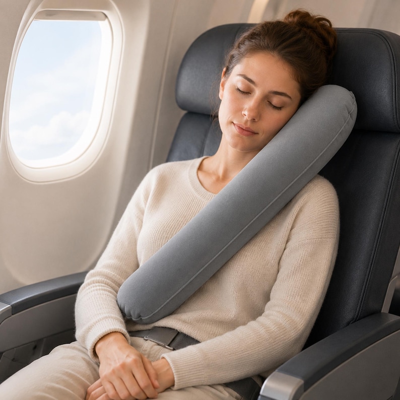 May include: A grey travel pillow is wrapped around a person's neck and torso while seated on an aeroplane. The person is wearing a cream-coloured sweater and is resting against the seat. The pillow appears to be inflatable and provides neck support.